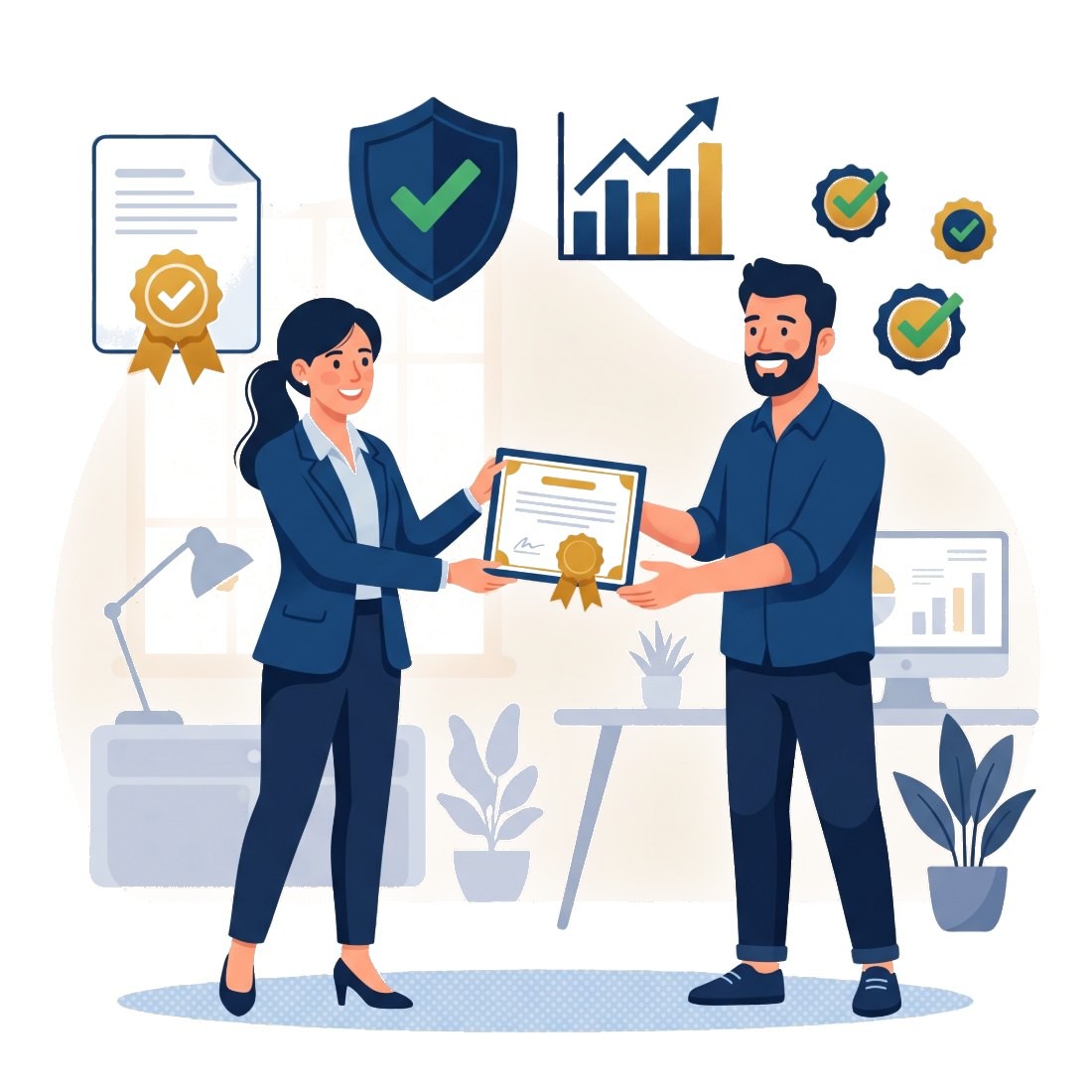 Illustration of a consultant handing an approved certificate to a business owner